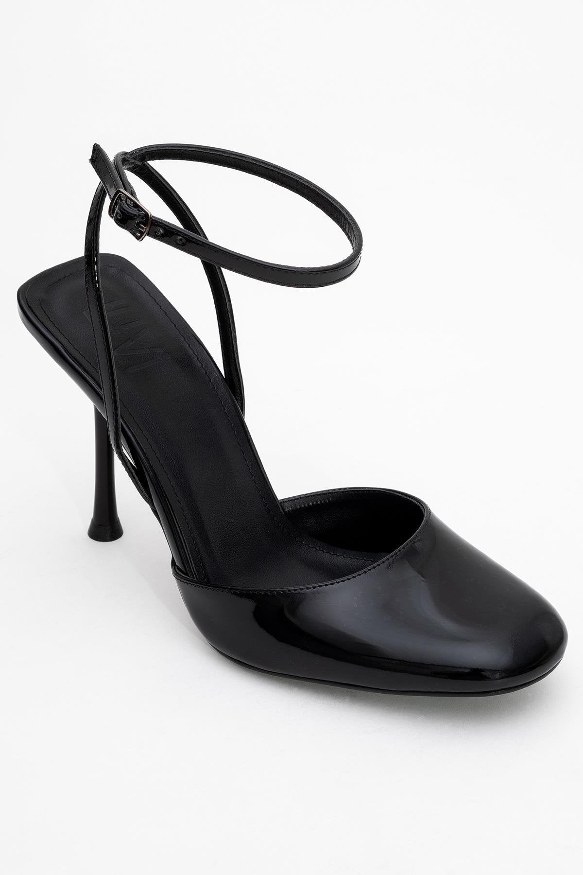 Blues - Black Patent Round Toe Ankle-Tie High Heel – detail view showing leather, black, blue, SimmiUnique