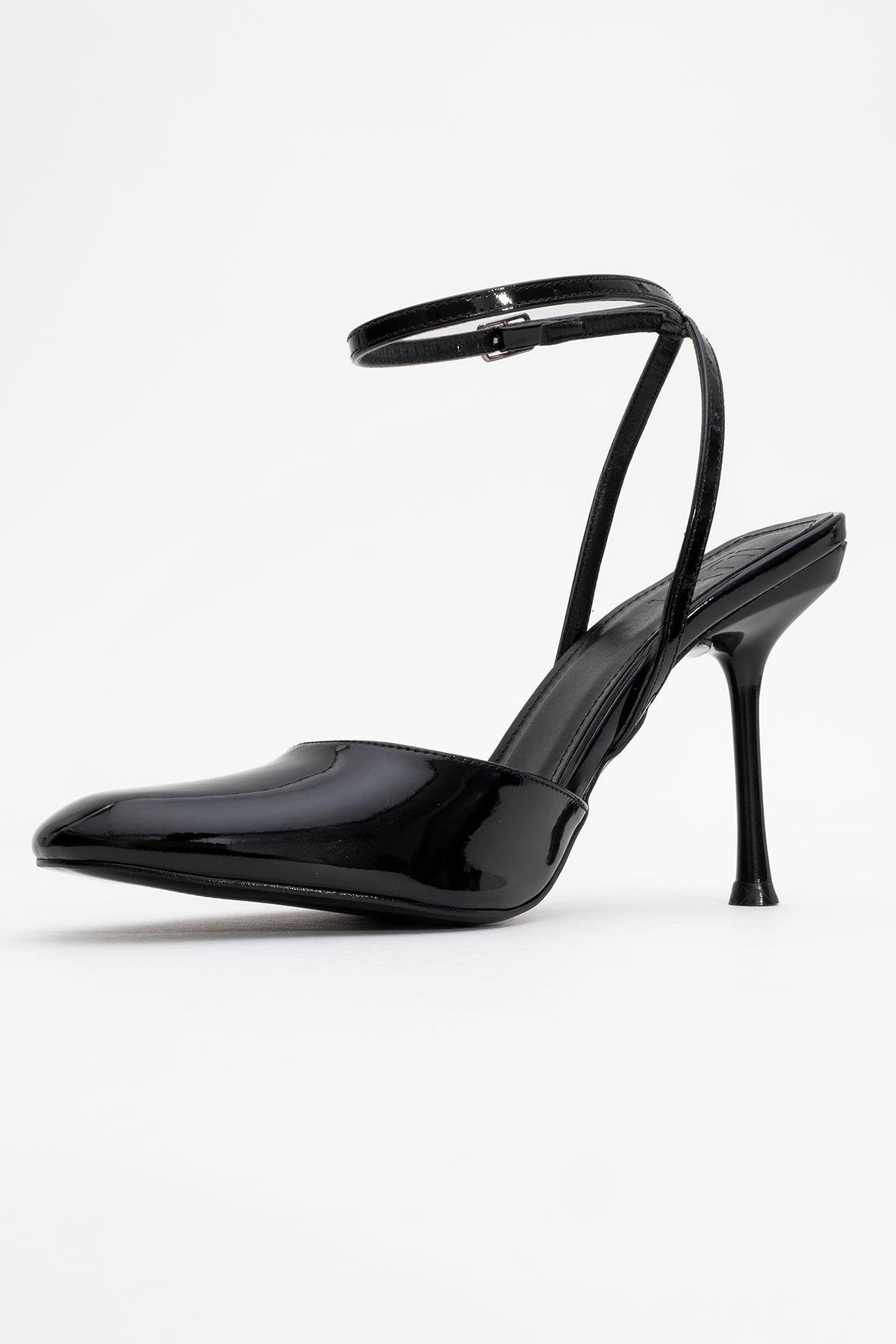 Blues - Black Patent Round Toe Ankle-Tie High Heel – heel view showing leather, black, blue, SimmiUnique