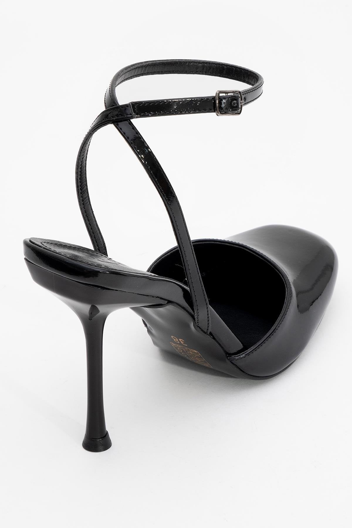 Blues - Black Patent Round Toe Ankle-Tie High Heel – back view showing leather, black, blue, SimmiUnique
