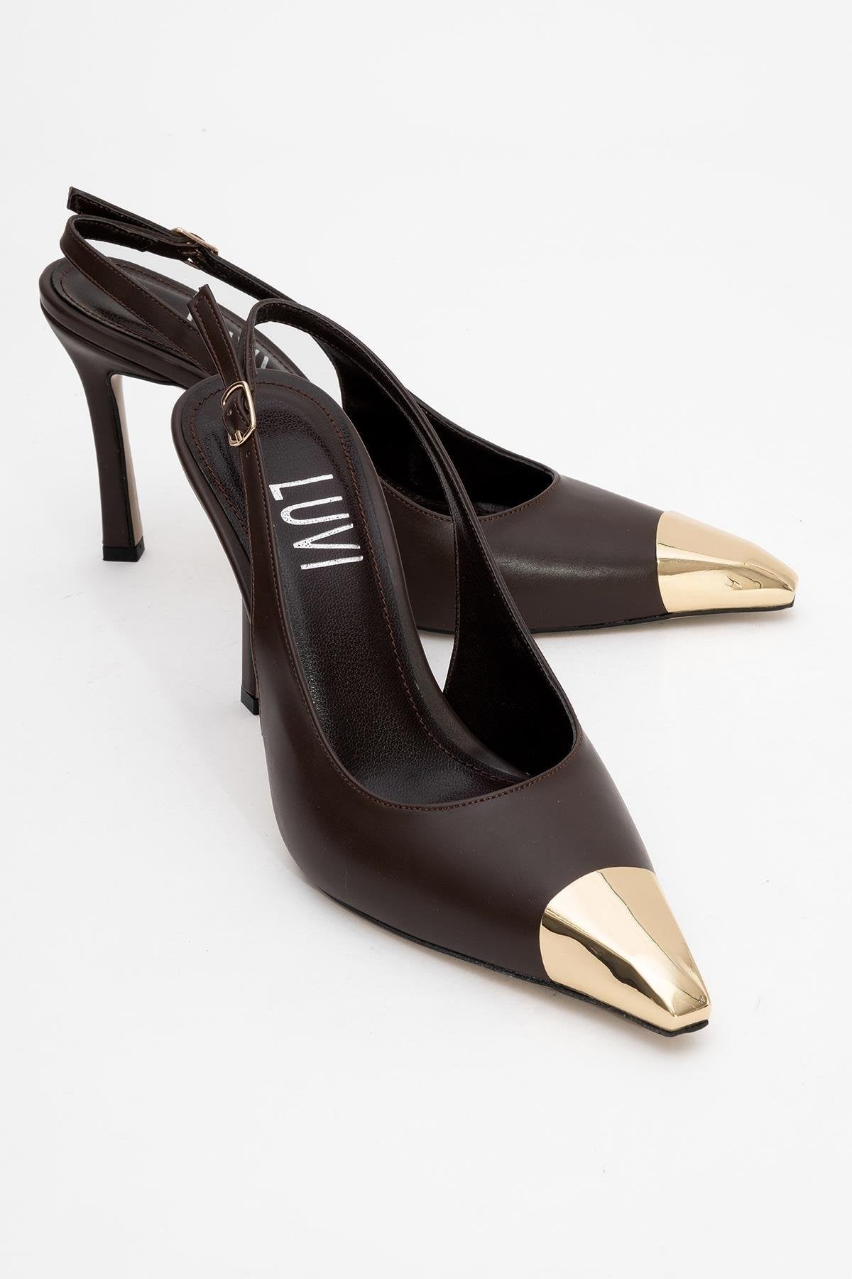 Flare - Brown Gold Detail Heeled Shoe – front three-quarter view showing leather, metallic, gold, SimmiUnique