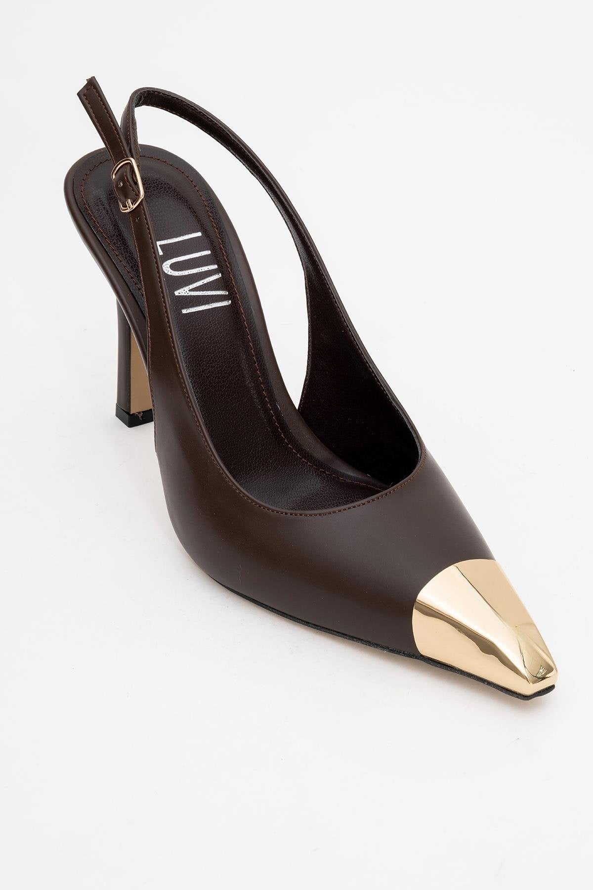 Flare - Brown Gold Detail Heeled Shoe – detail view showing leather, metallic, gold, SimmiUnique