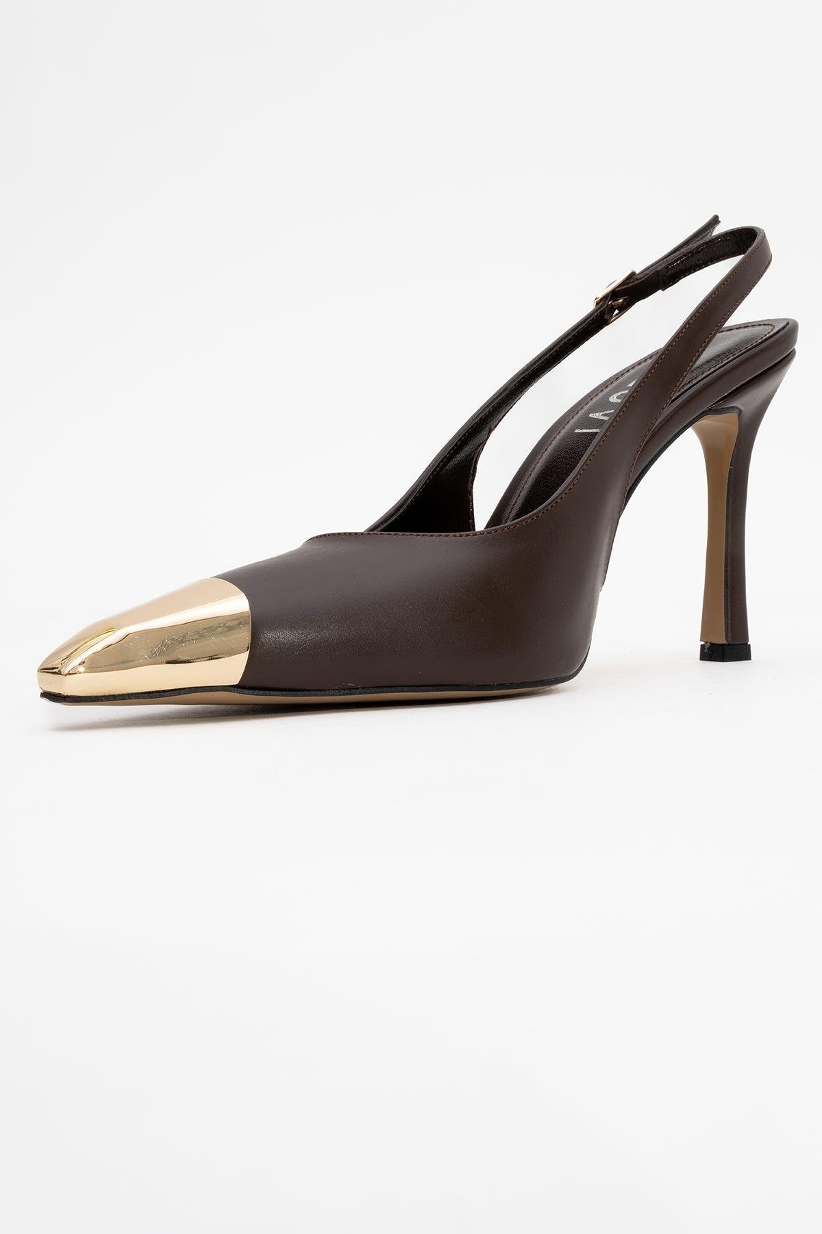 Flare - Brown Gold Detail Heeled Shoe – heel view showing leather, metallic, gold, SimmiUnique