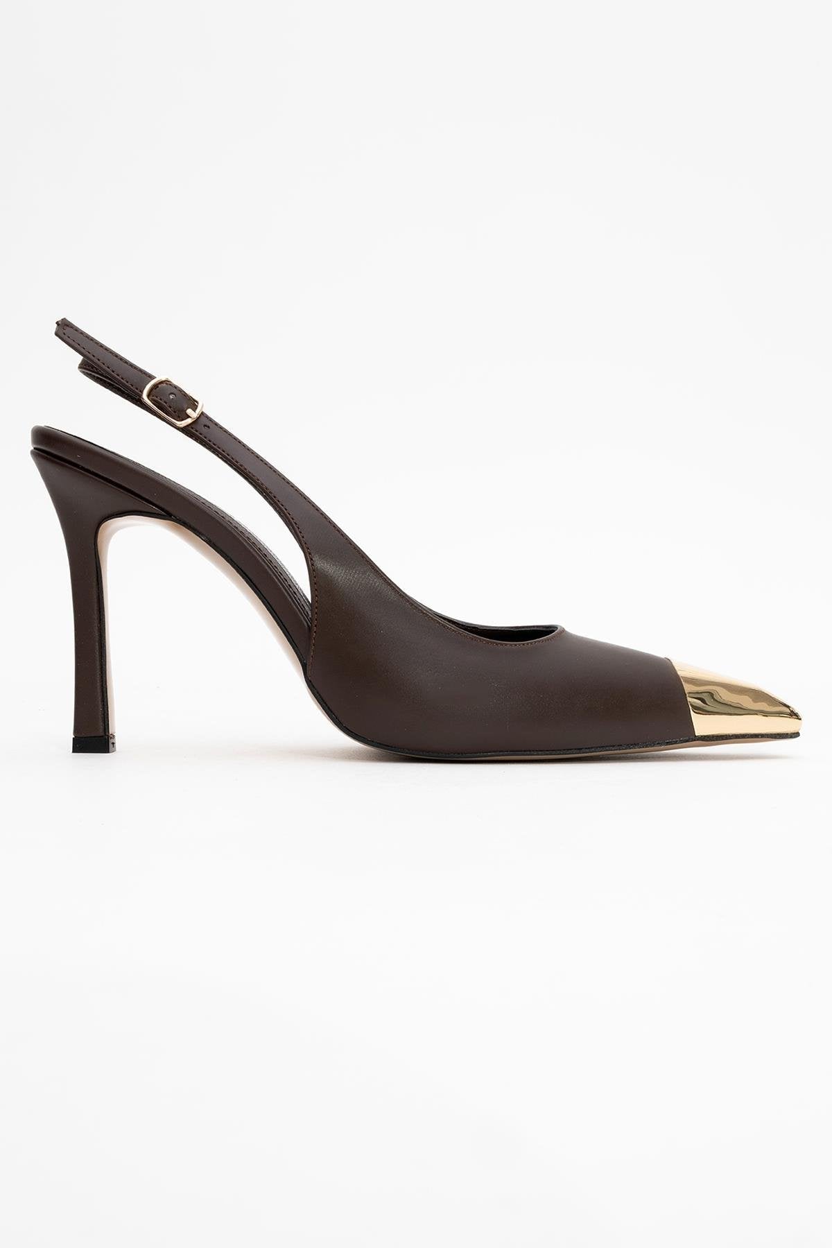 Flare - Brown Gold Detail Heeled Shoe – top view showing leather, metallic, gold, SimmiUnique