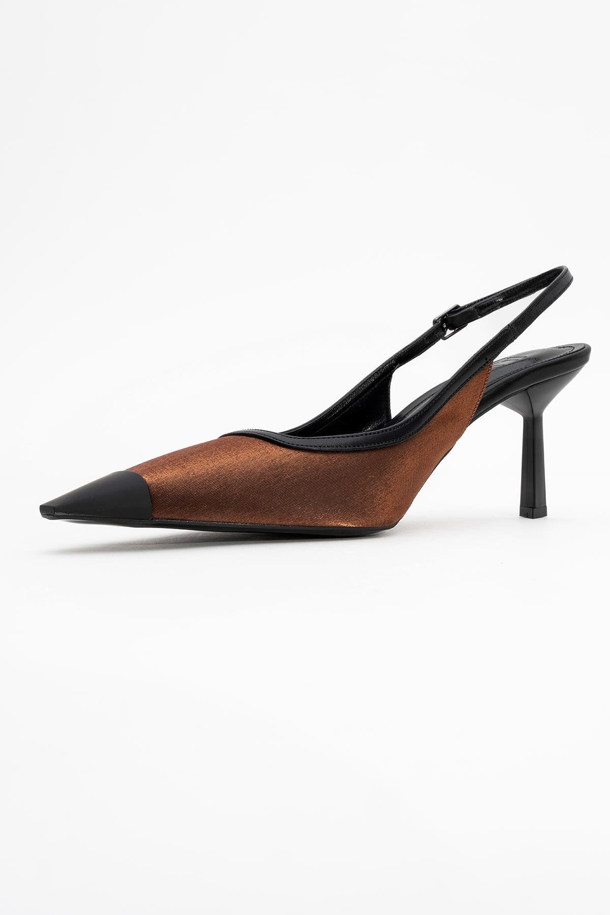Alive - Copper Satin Matte Toe Detail Heeled Shoe – heel view showing satin, leather, SimmiUnique