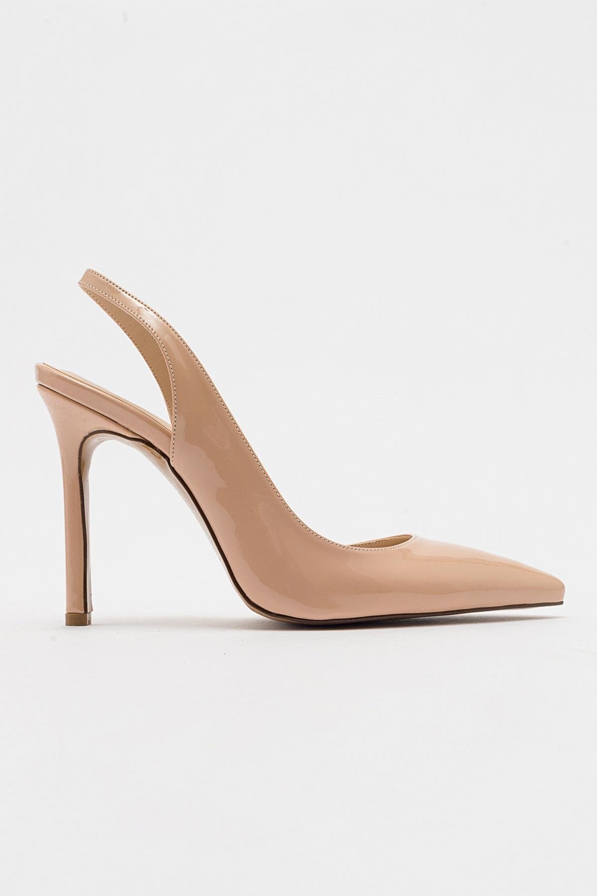 Twine - Beige Patent Heeled Shoe – top view showing leather, SimmiUnique
