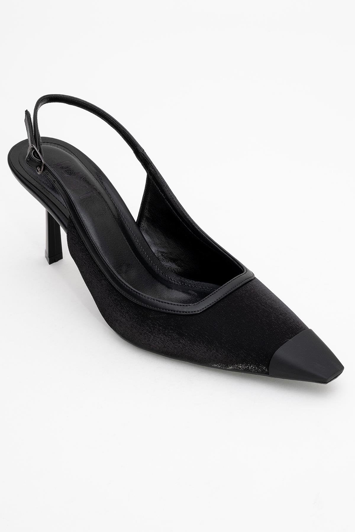 Alive - Black Satin Matte Toe Detail Heeled Shoe – detail view showing satin, leather, black, SimmiUnique