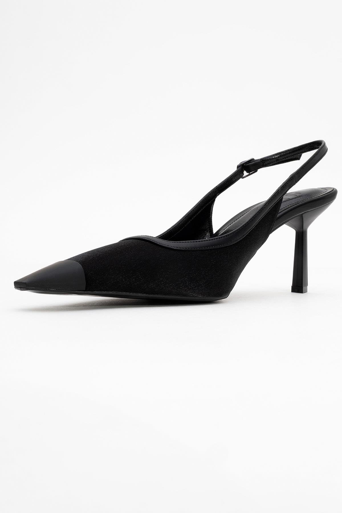 Alive - Black Satin Matte Toe Detail Heeled Shoe – heel view showing satin, leather, black, SimmiUnique
