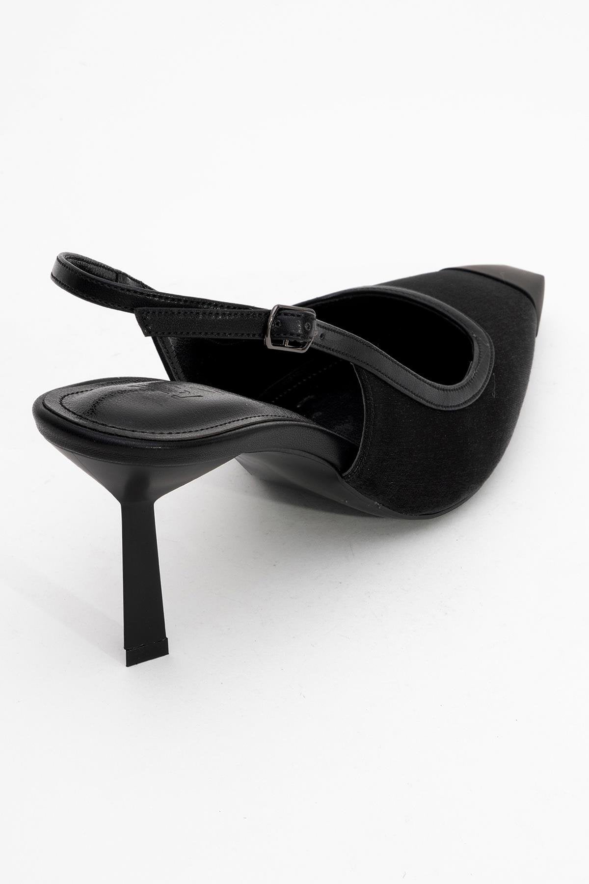 Alive - Black Satin Matte Toe Detail Heeled Shoe – back view showing satin, leather, black, SimmiUnique