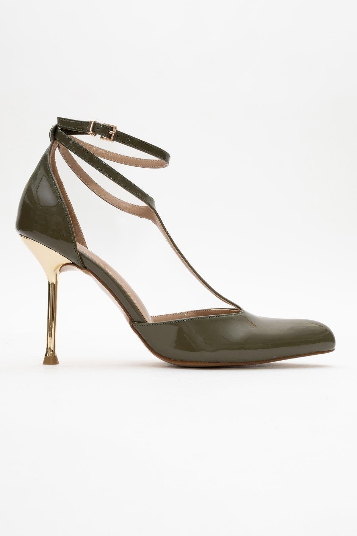 Jon - Khaki Patent Stiletto Pump – top view showing leather, SimmiUnique