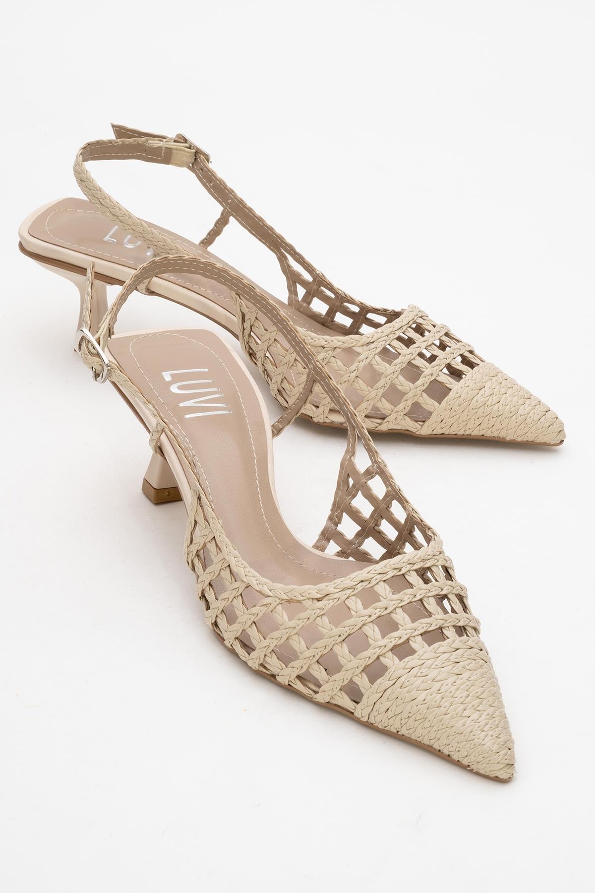 Heaven - Beige Knitted Open-Back Slingback Low Heel Shoe – front three-quarter view showing leather, SimmiUnique