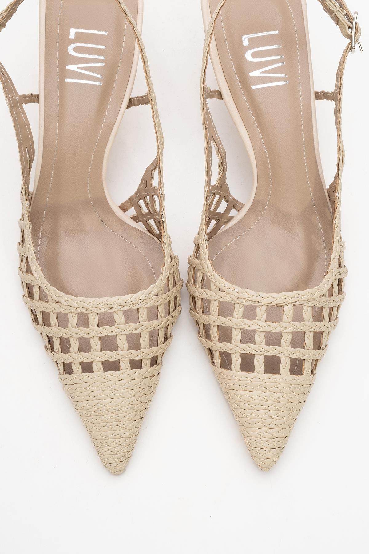 Heaven - Beige Knitted Open-Back Slingback Low Heel Shoe – side view showing leather, SimmiUnique