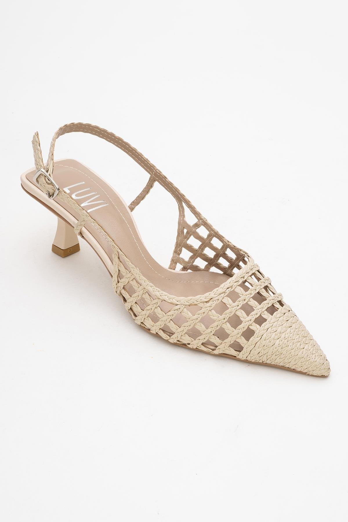 Heaven - Beige Knitted Open-Back Slingback Low Heel Shoe – detail view showing leather, SimmiUnique