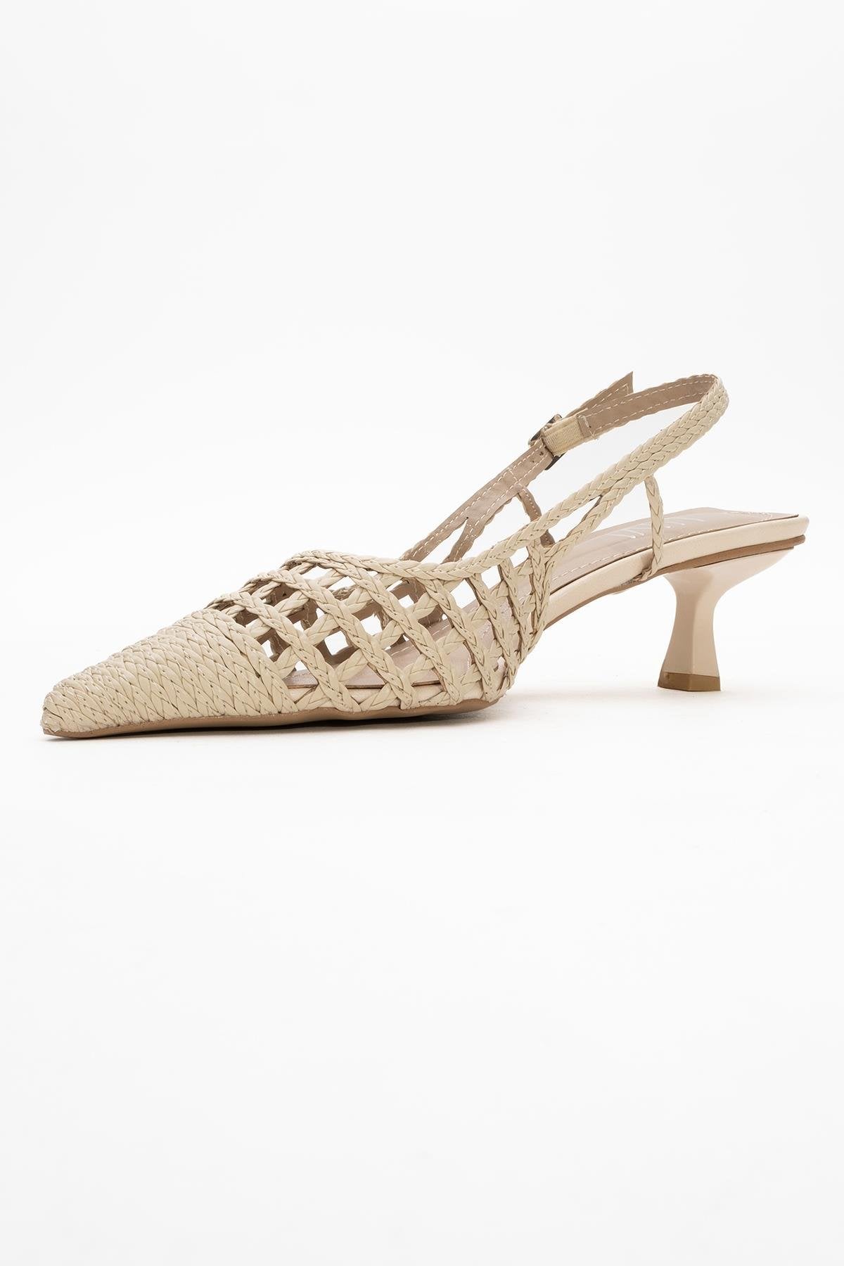 Heaven - Beige Knitted Open-Back Slingback Low Heel Shoe – heel view showing leather, SimmiUnique