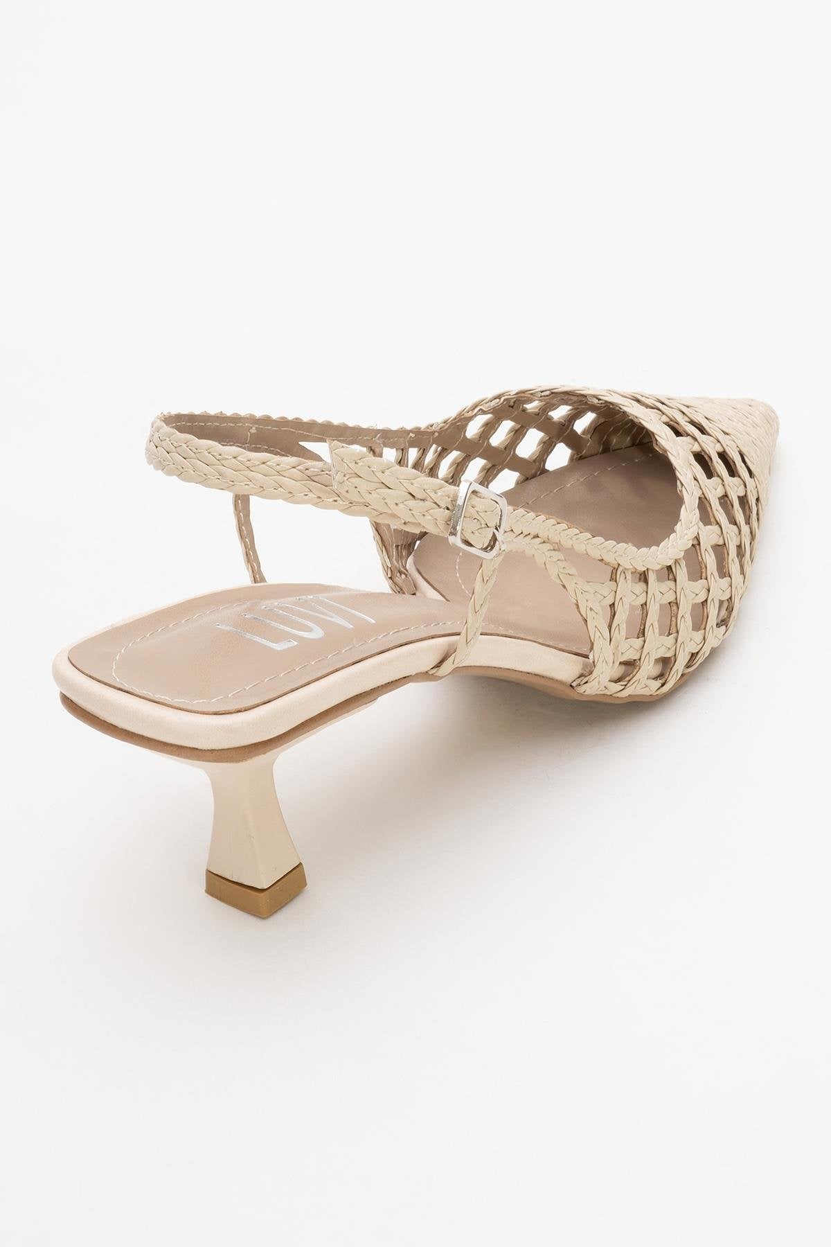 Heaven - Beige Knitted Open-Back Slingback Low Heel Shoe – back view showing leather, SimmiUnique