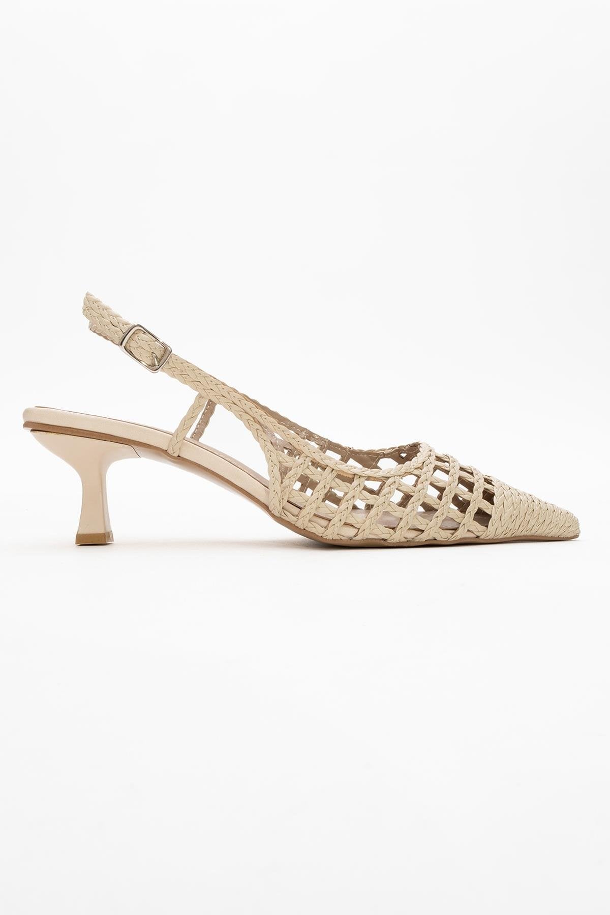 Heaven - Beige Knitted Open-Back Slingback Low Heel Shoe – top view showing leather, SimmiUnique