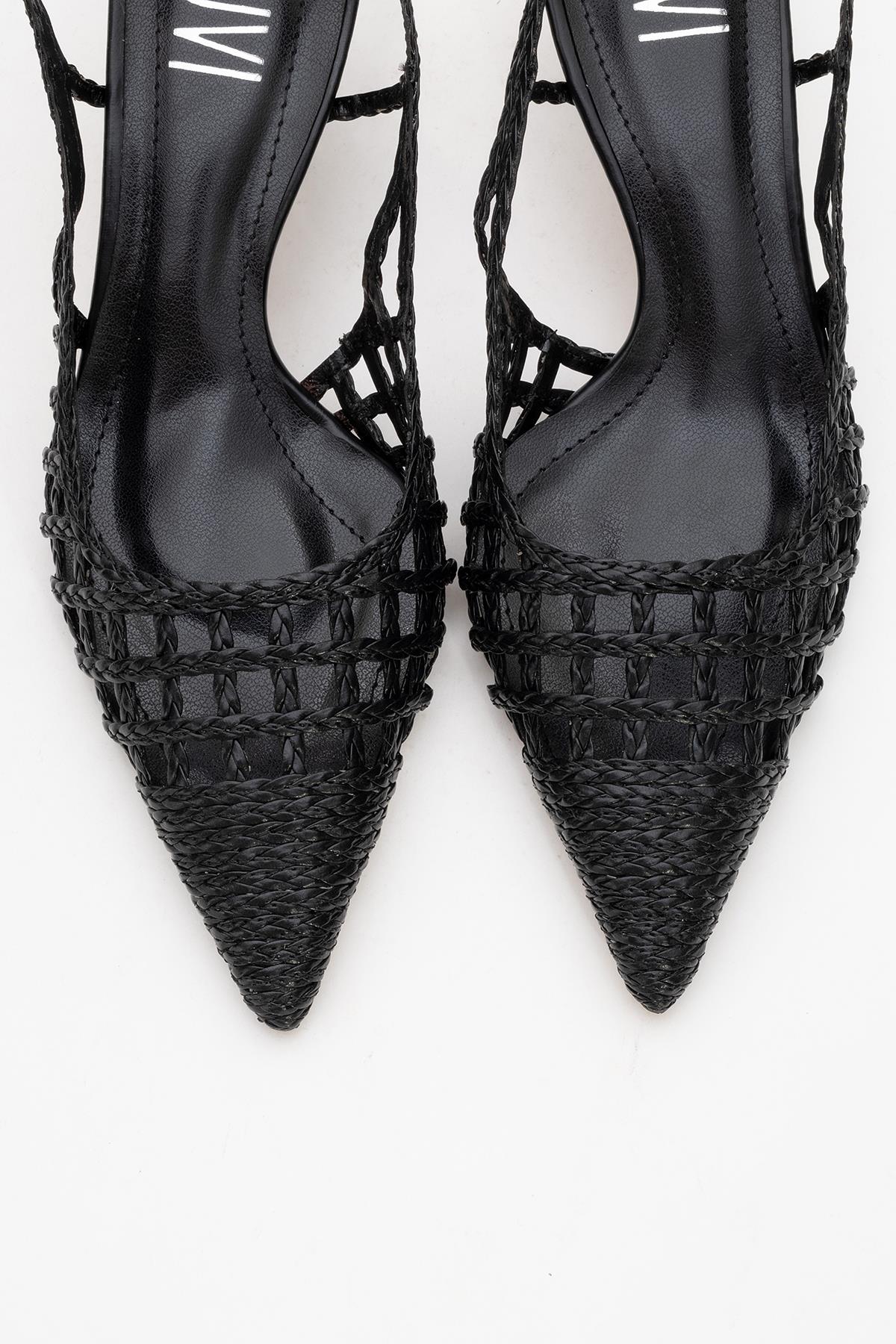 Heaven - Black Knitted Open-Back Slingback Low Heel Shoe – side view showing leather, black, SimmiUnique