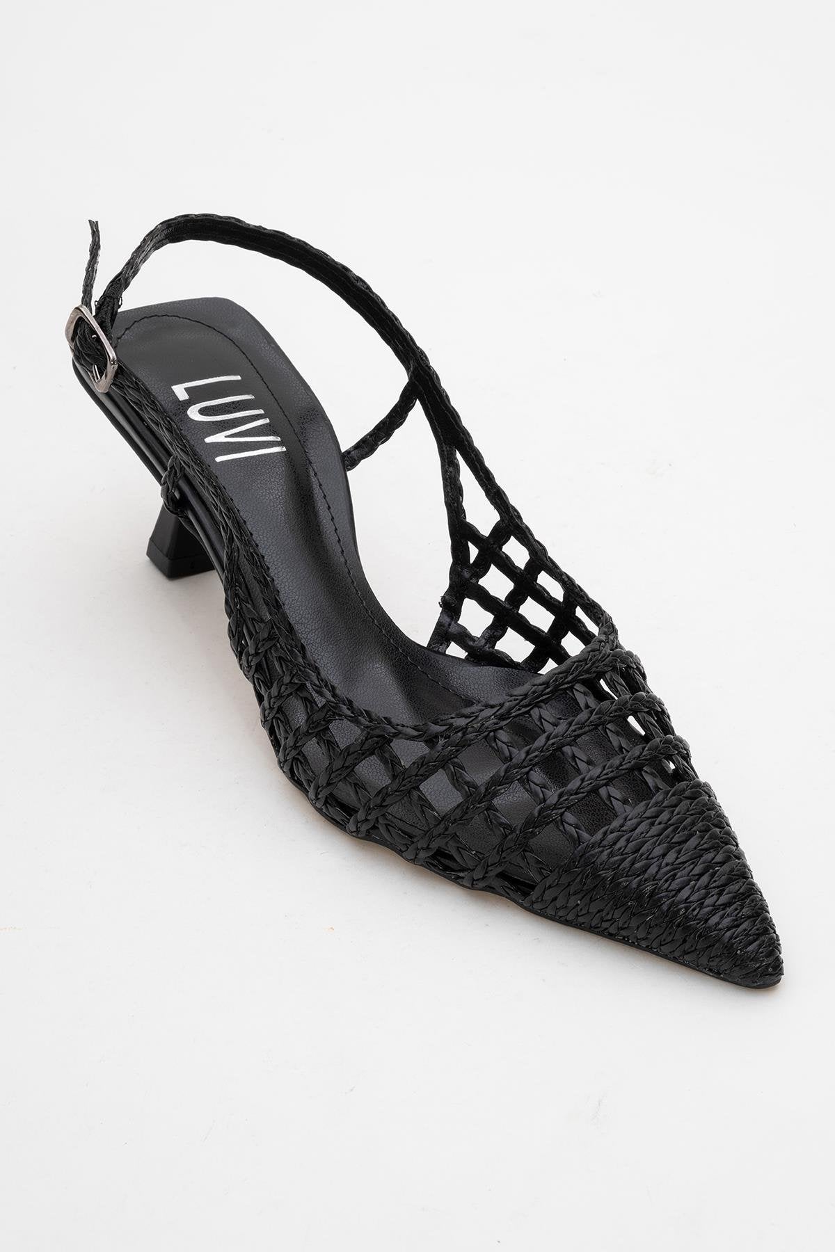 Heaven - Black Knitted Open-Back Slingback Low Heel Shoe – detail view showing leather, black, SimmiUnique