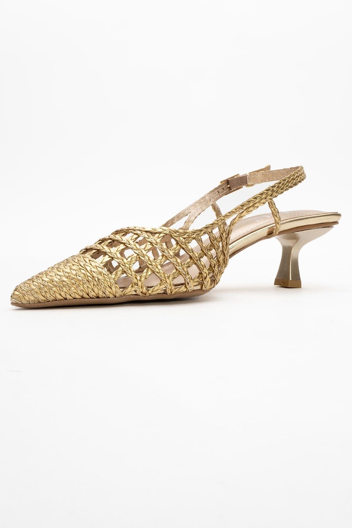 Heaven - Gold Knitted Open-Back Slingback Low Heel Shoe – heel view showing leather, gold, SimmiUnique