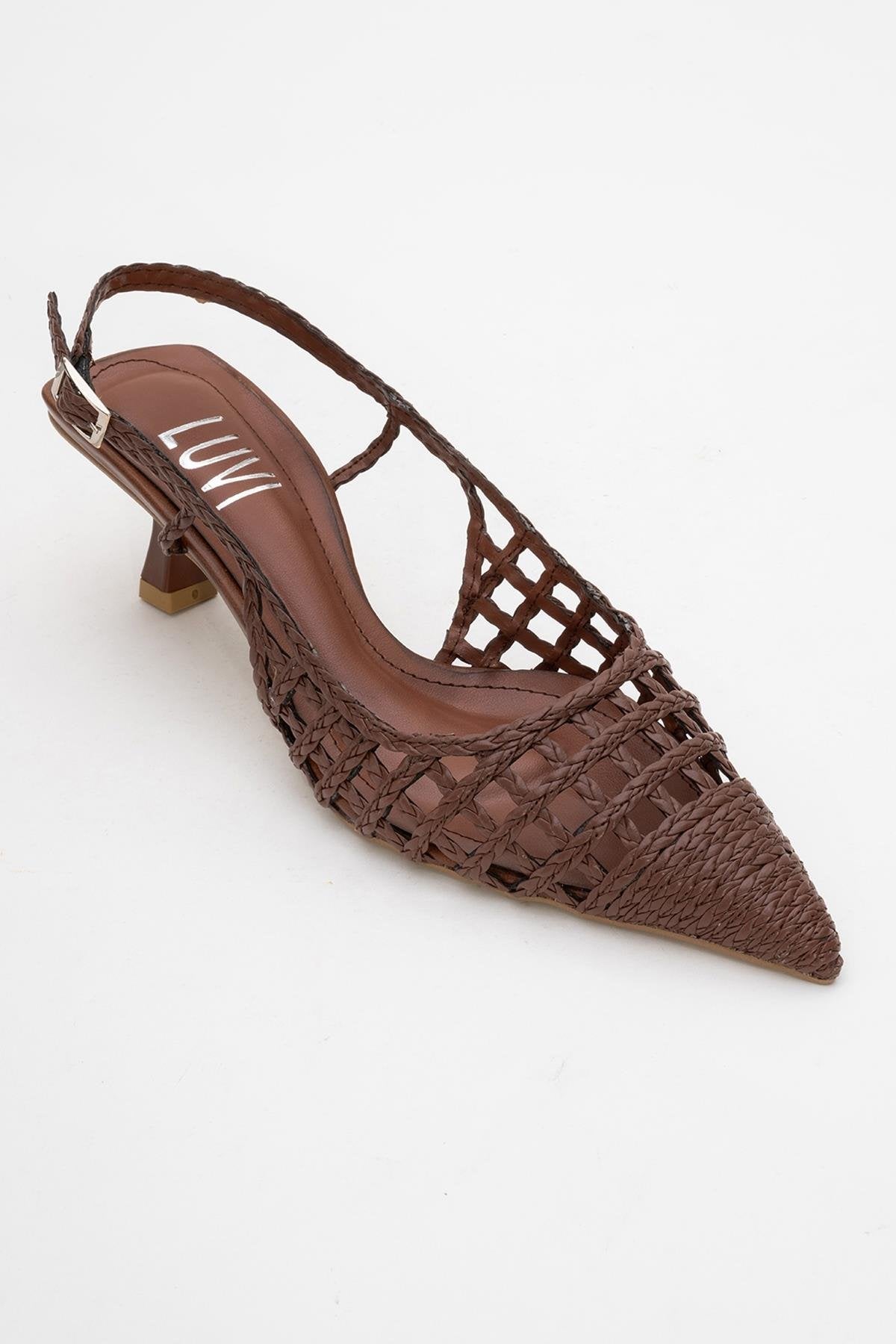 Heaven - Dark Cognac Open Back Low Heel Pump – detail view showing leather, SimmiUnique