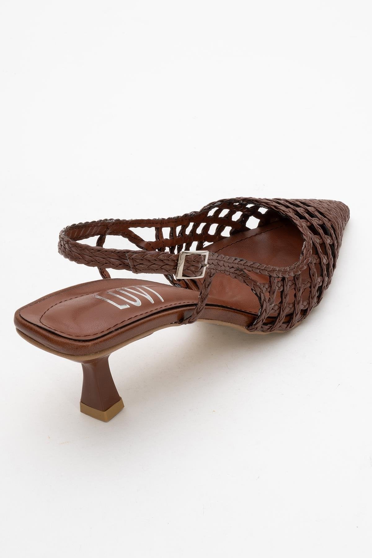 Heaven - Dark Cognac Open Back Low Heel Pump – back view showing leather, SimmiUnique