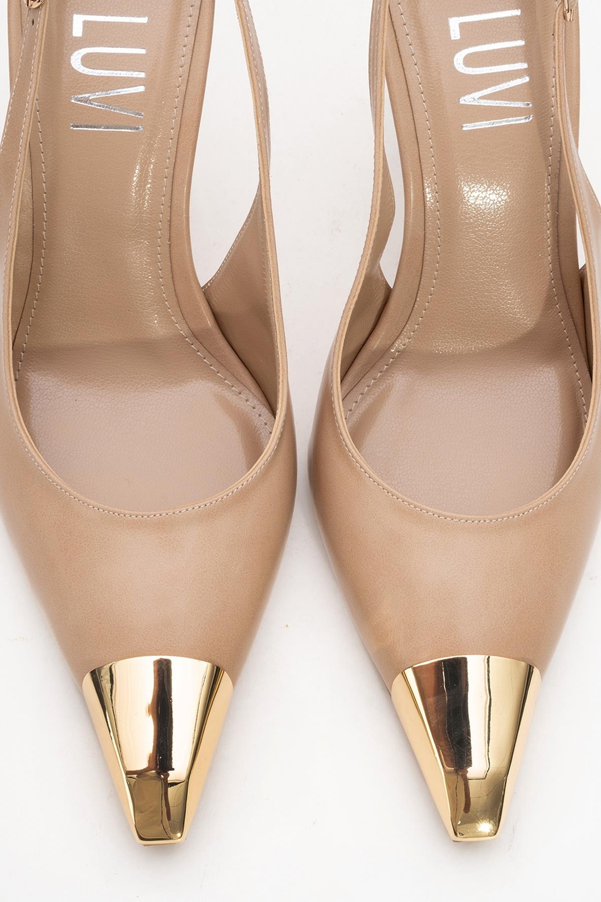 Flare - Beige Pointed Toe Stiletto Pump – side view showing leather, SimmiUnique
