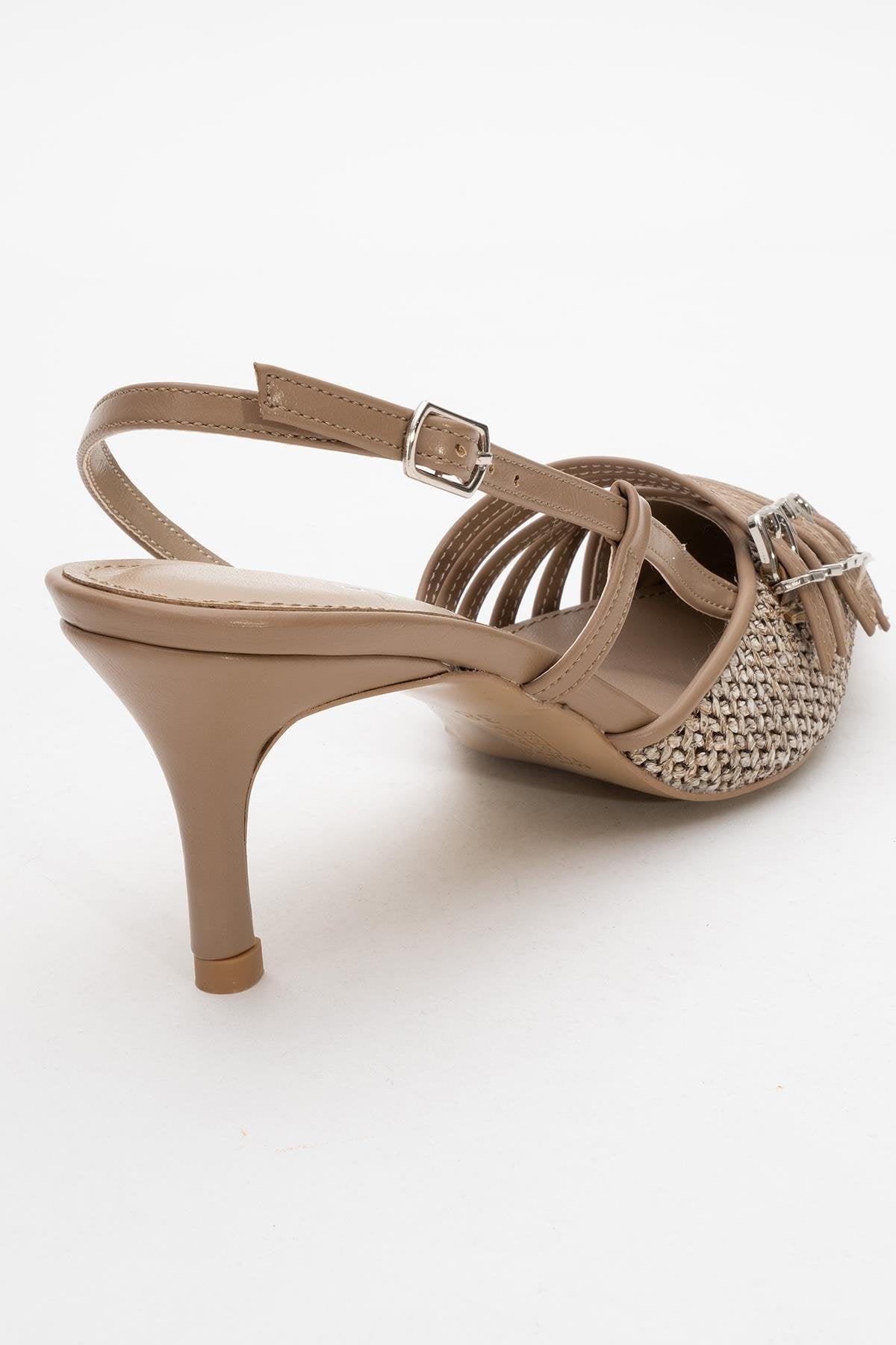 Zenith - Dark Beige Slingback Pointed Toe Heel – back view showing leather, SimmiUnique