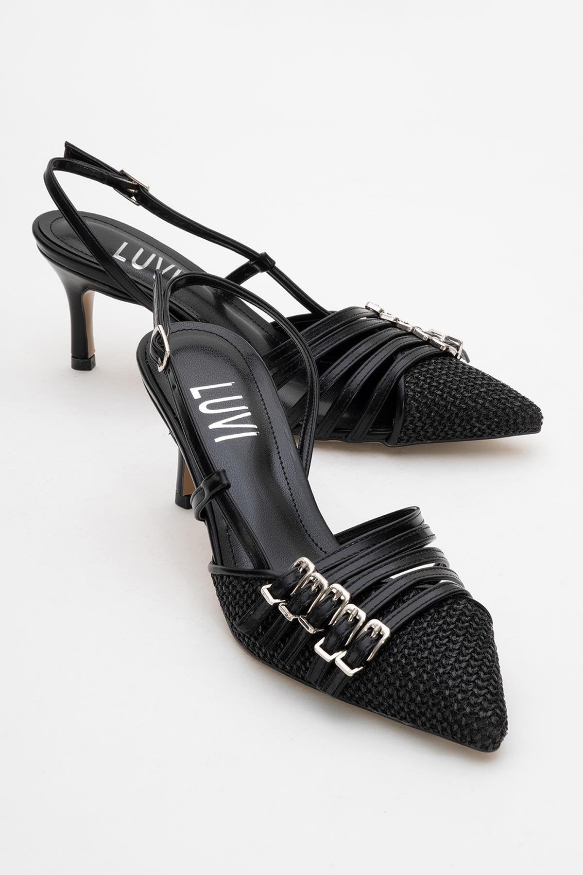 Zenith - Black Slingback Pointed Toe Heel – front three-quarter view showing leather, black, SimmiUnique