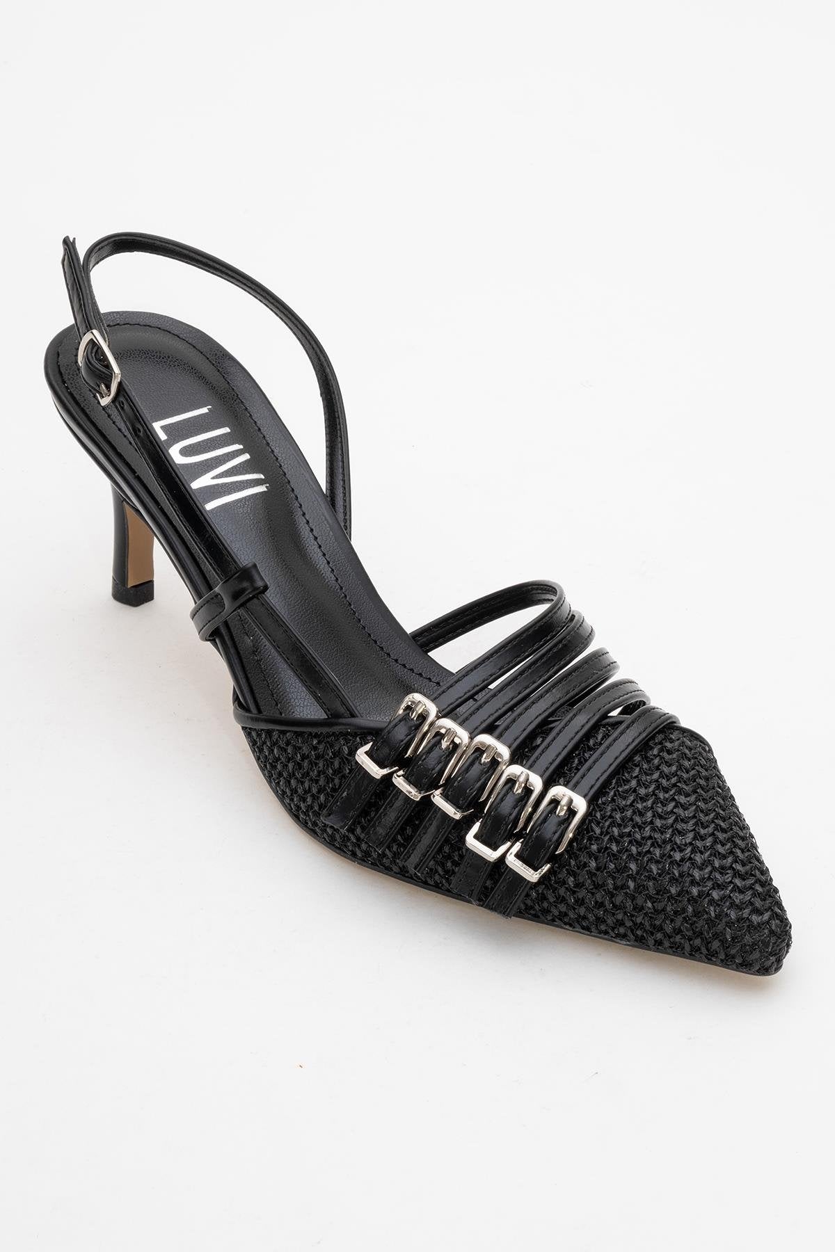 Zenith - Black Slingback Pointed Toe Heel – detail view showing leather, black, SimmiUnique