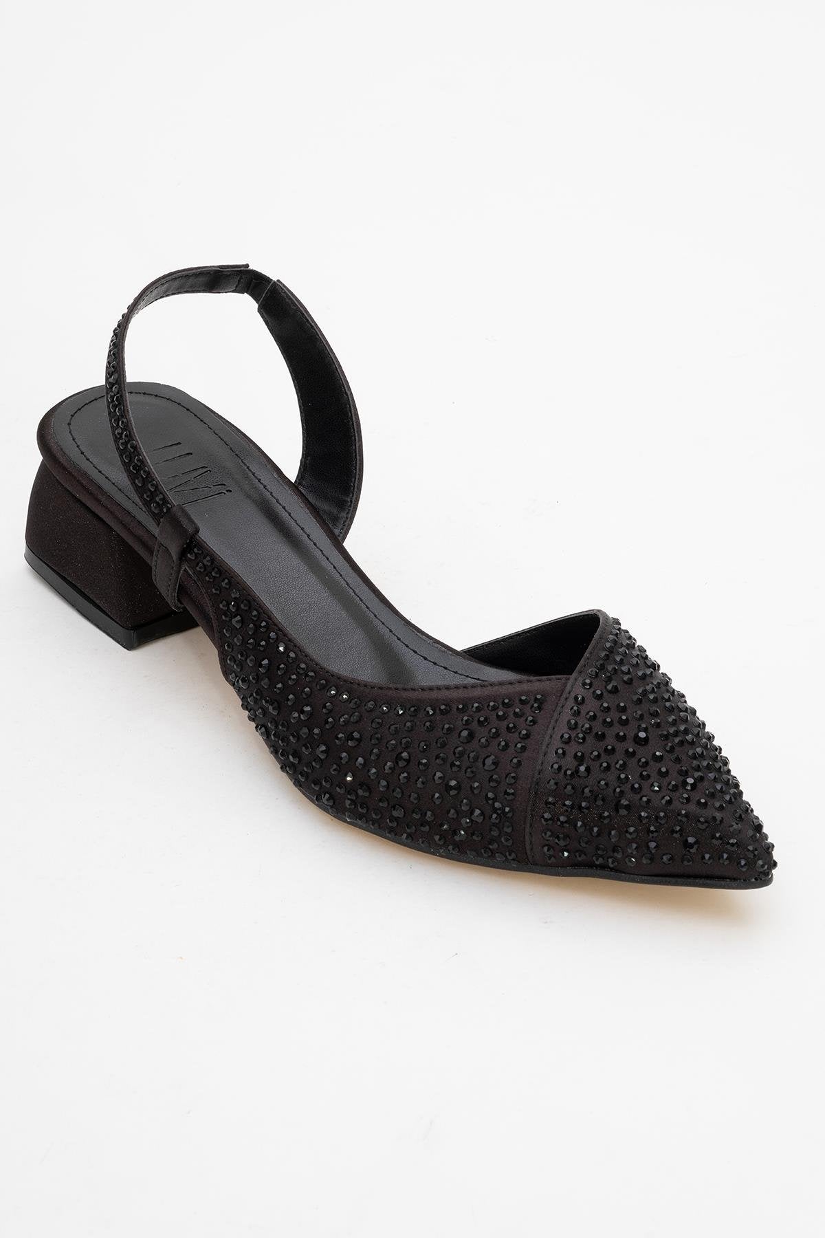 Sella - Black Jeweled Low Heel Shoe – detail view showing leather, black, SimmiUnique