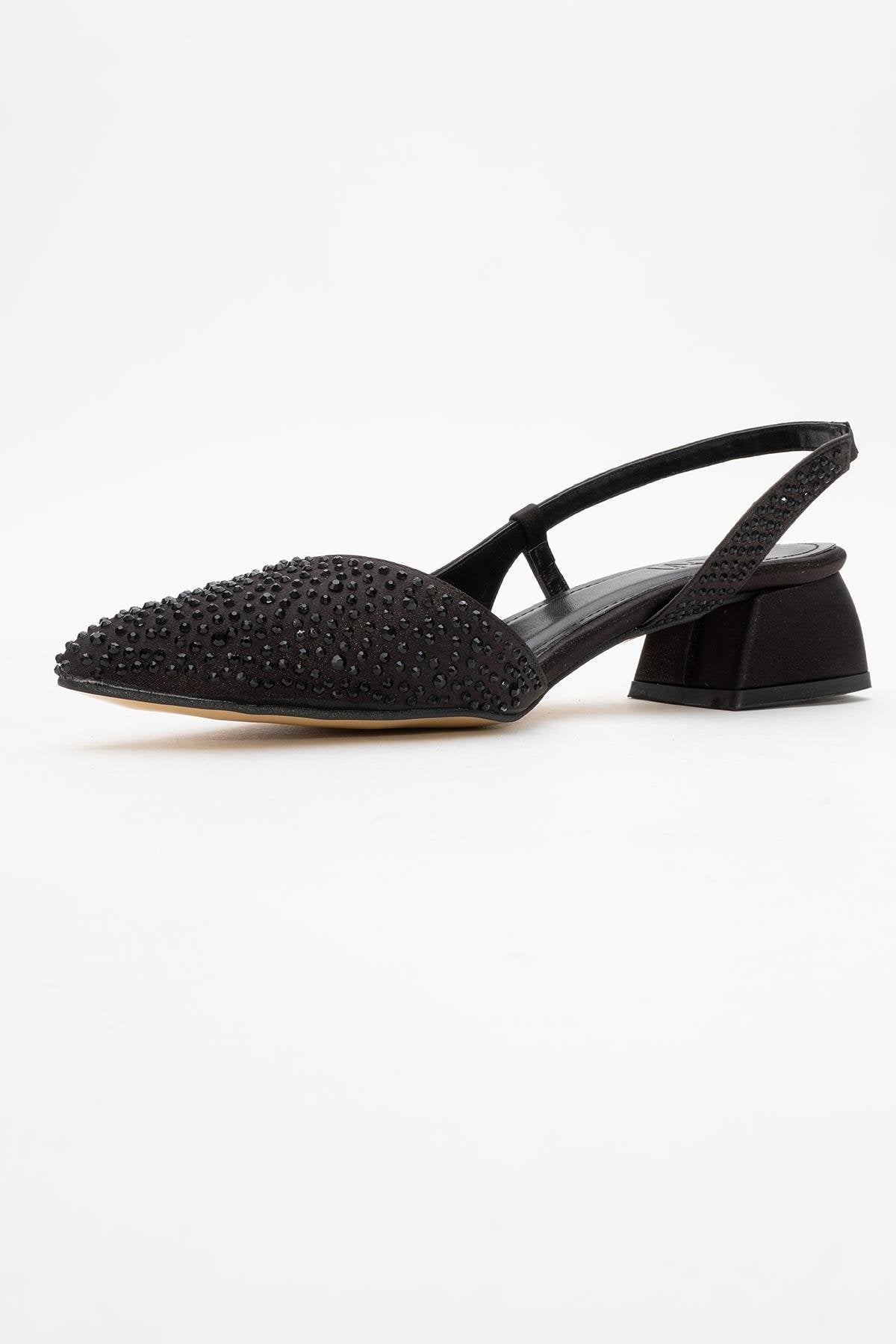 Sella - Black Jeweled Low Heel Shoe – heel view showing leather, black, SimmiUnique