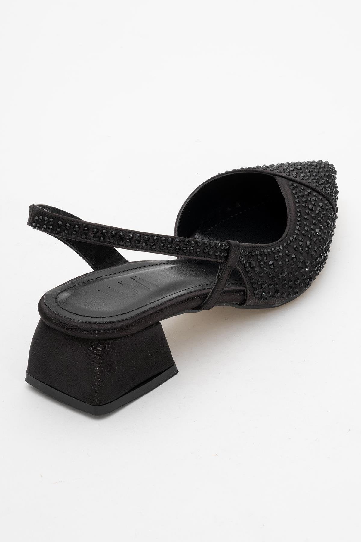Sella - Black Jeweled Low Heel Shoe – back view showing leather, black, SimmiUnique