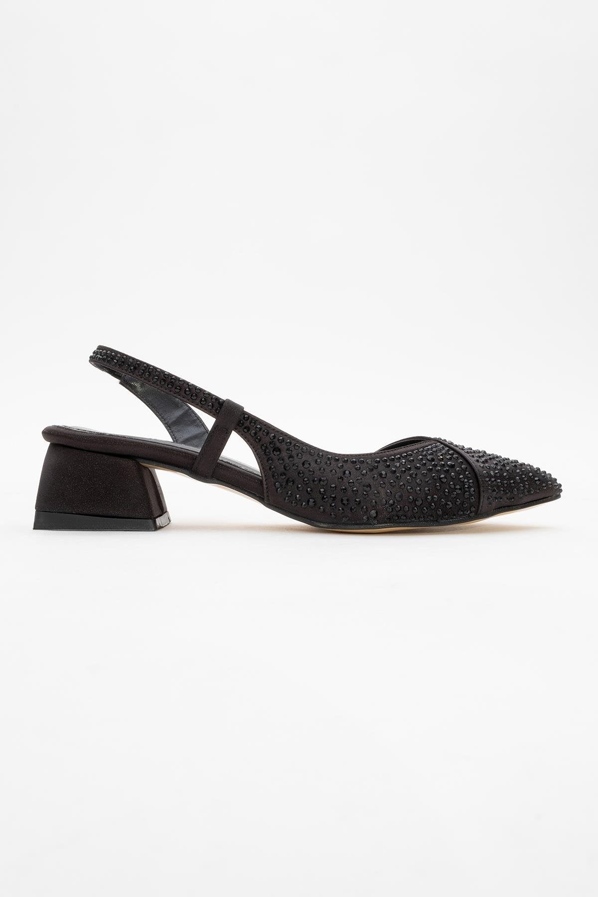 Sella - Black Jeweled Low Heel Shoe – top view showing leather, black, SimmiUnique