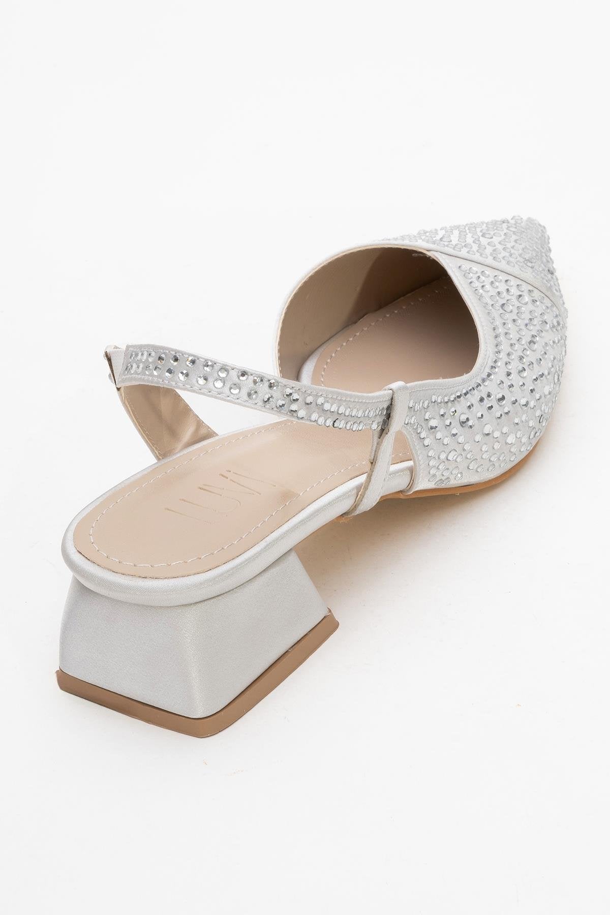 Sella - Silver Jeweled Low Heel Shoe – back view showing leather, silver, SimmiUnique