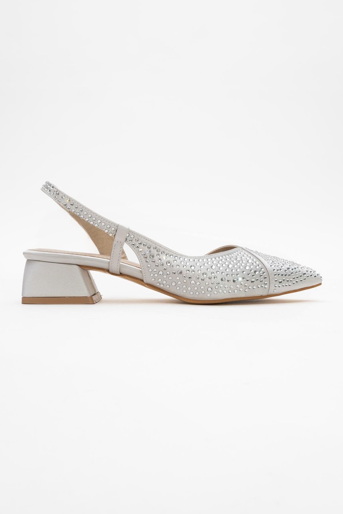 Sella - Silver Jeweled Low Heel Shoe – top view showing leather, silver, SimmiUnique