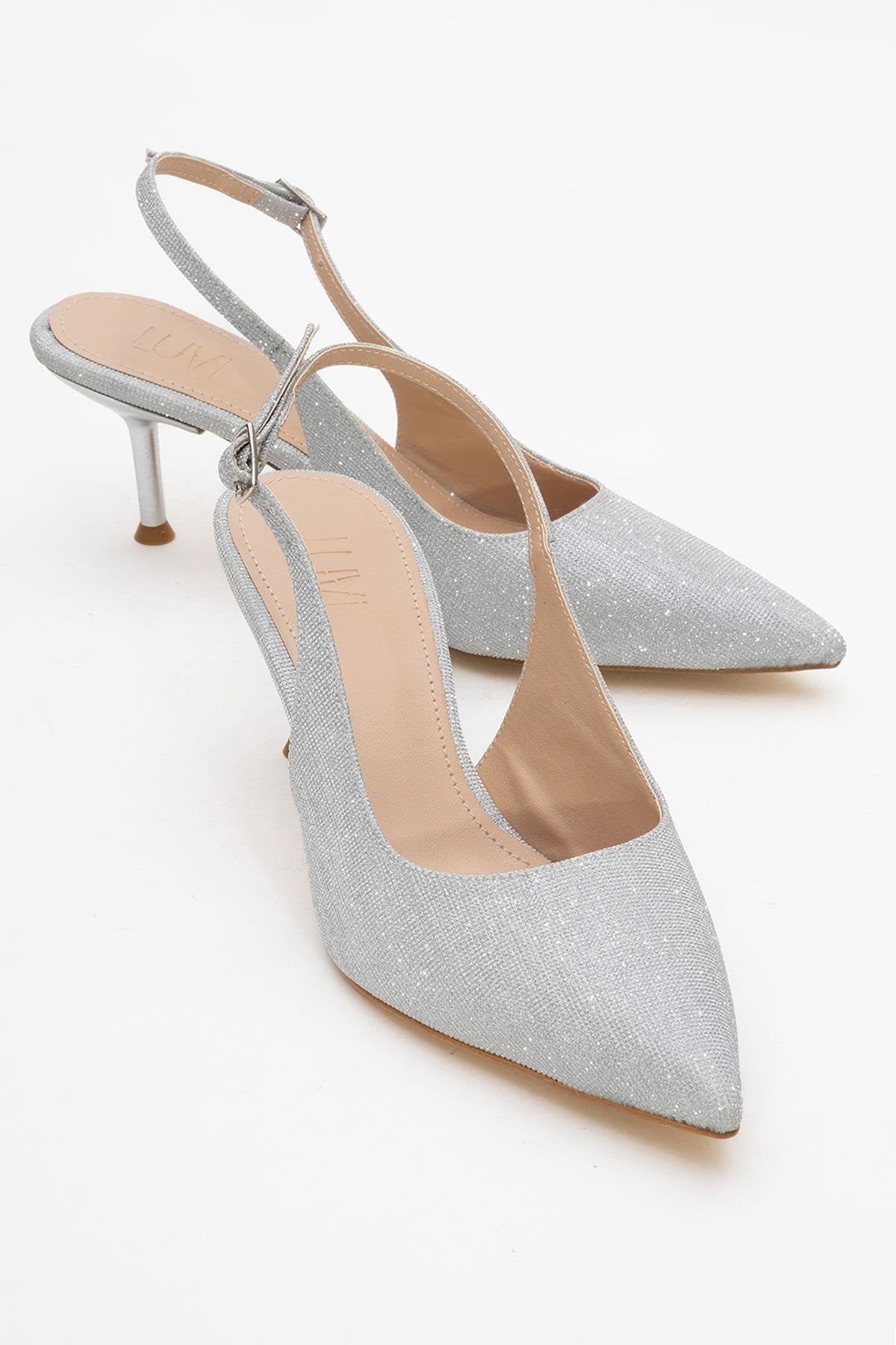 Caisa - Silver Glitter Stiletto Pump – front three-quarter view showing leather, glitter, silver, SimmiUnique