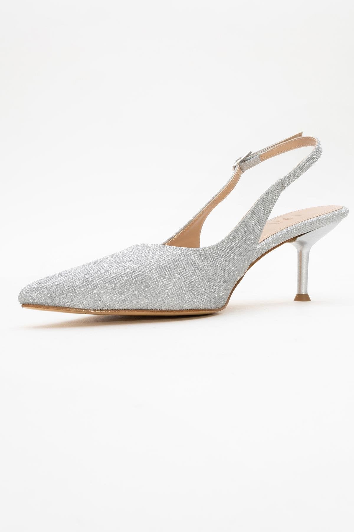 Caisa - Silver Glitter Stiletto Pump – heel view showing leather, glitter, silver, SimmiUnique