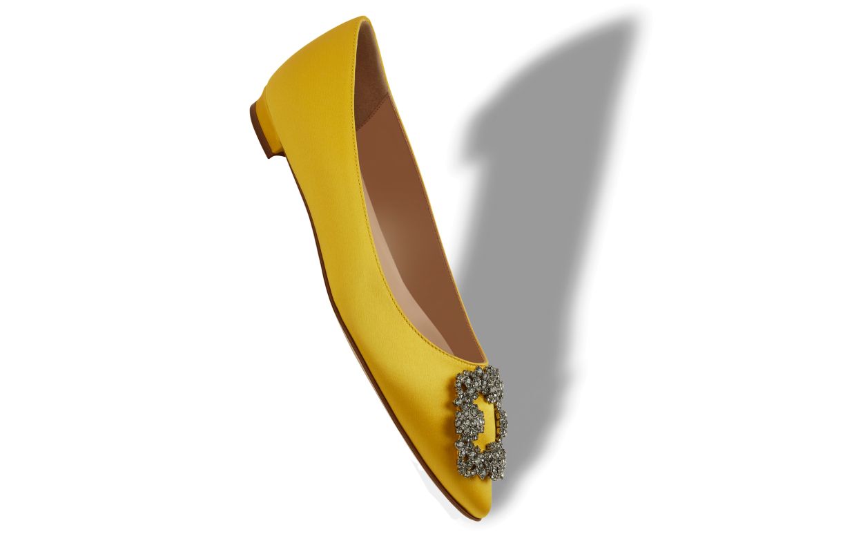 Estelle Dream Yellow Jewel Buckle Pumps – front three-quarter view showing yellow jewel buckle, crystal buckle, almond toe…