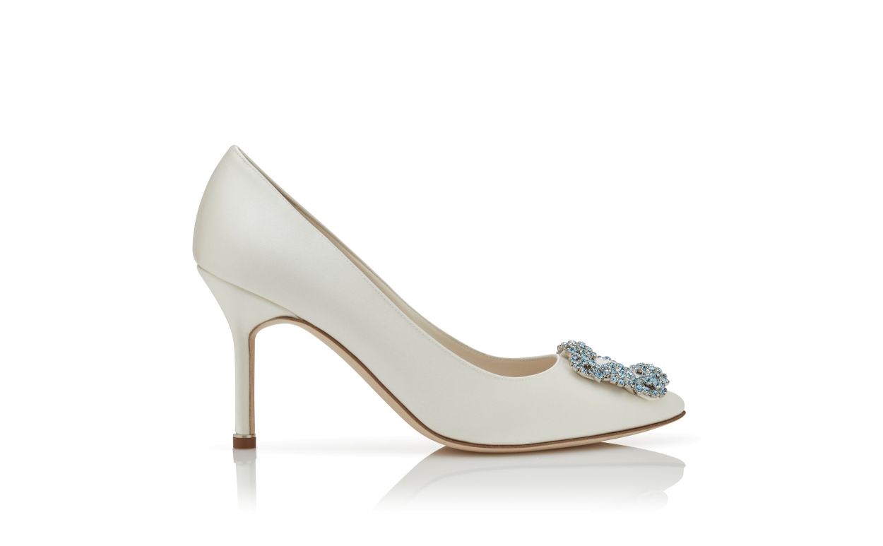Ophelia Crown White Jewel Buckle Pumps – side profile showing white jewel buckle, crystal buckle, almond toe, satin…