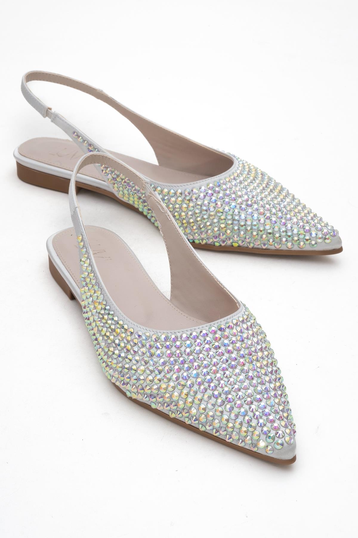 Ida - Silver Pointed Toe Open-Back Ballet Flat – front three-quarter view showing leather, silver, red, SimmiUnique