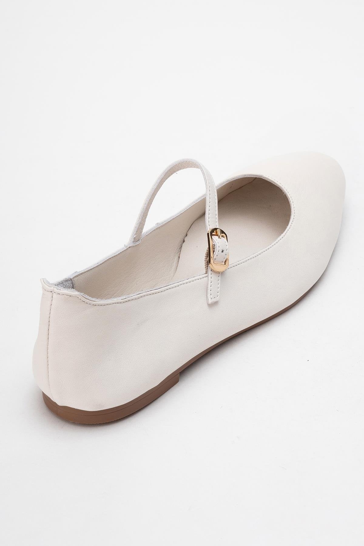 Lunaire - Off-White Genuine Leather Single Strap Pointed Toe Ballet Fl – back view showing leather, white, SimmiUnique