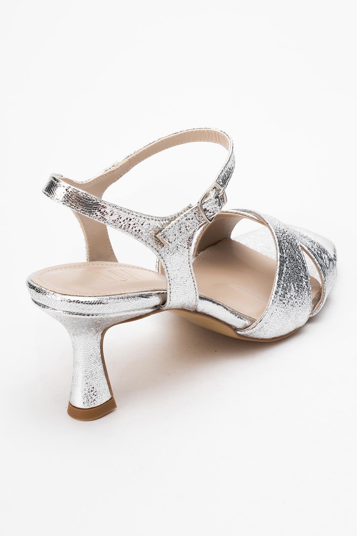 Melin - Silver Patterned Cross-Strap Heeled Shoe – back view showing leather, silver, SimmiUnique