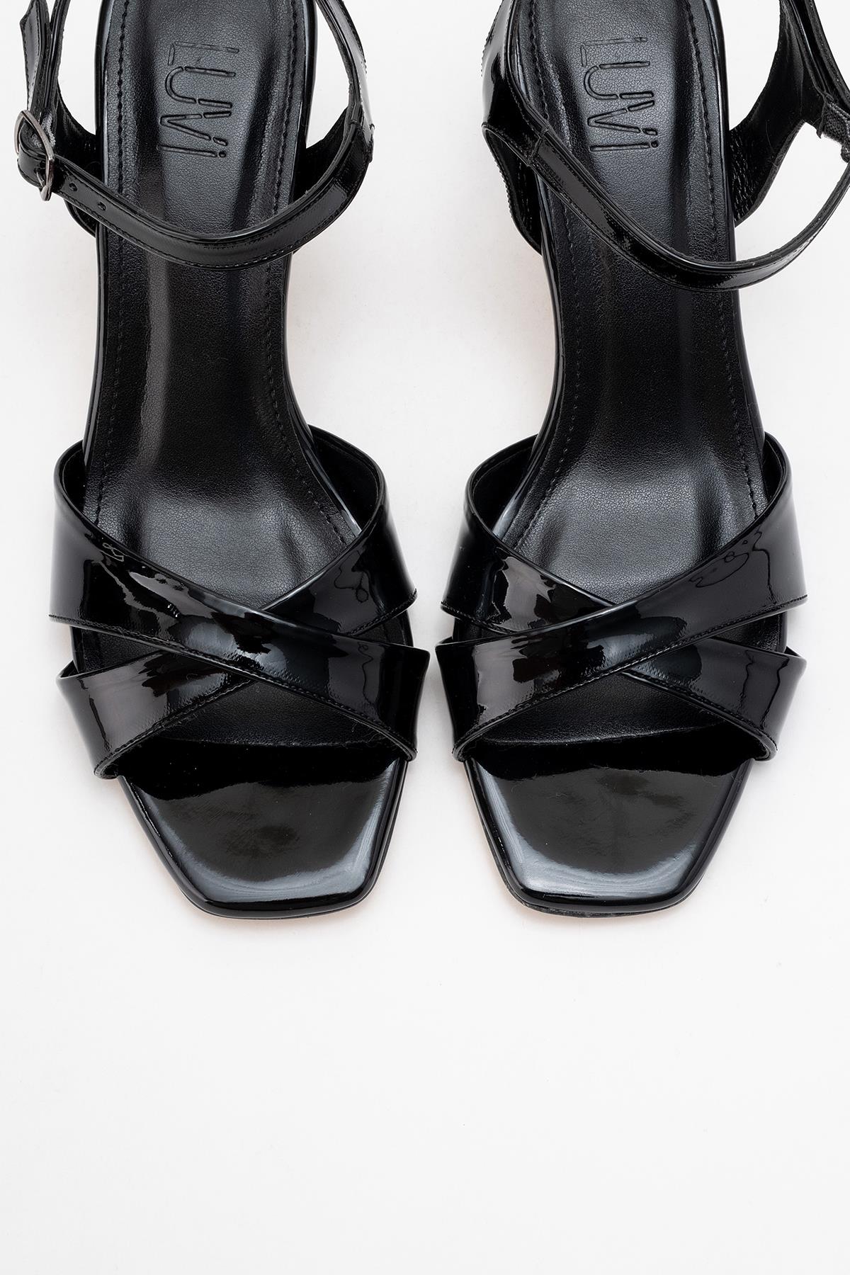 Melin - Black Patent Cross-Strap Heeled Shoe – side view showing leather, black, SimmiUnique