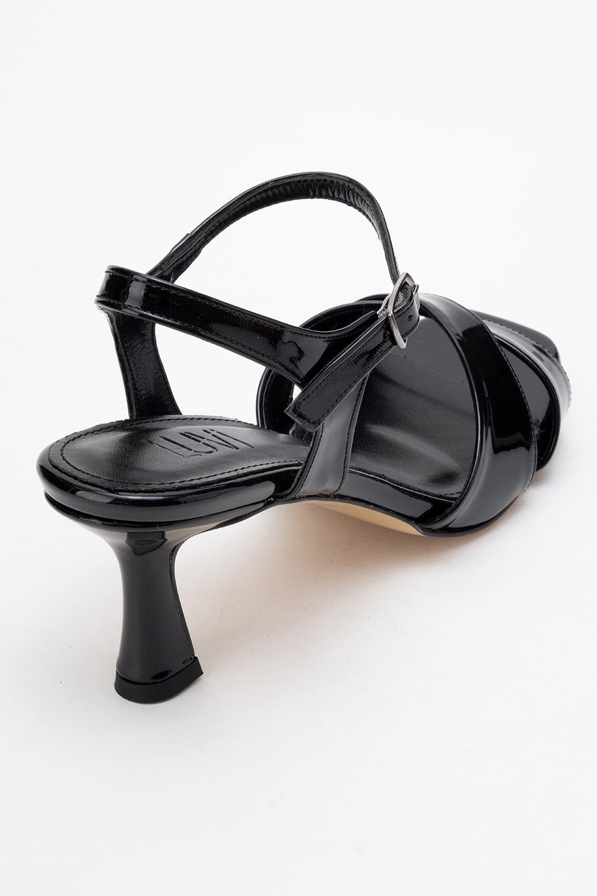 Melin - Black Patent Cross-Strap Heeled Shoe – back view showing leather, black, SimmiUnique