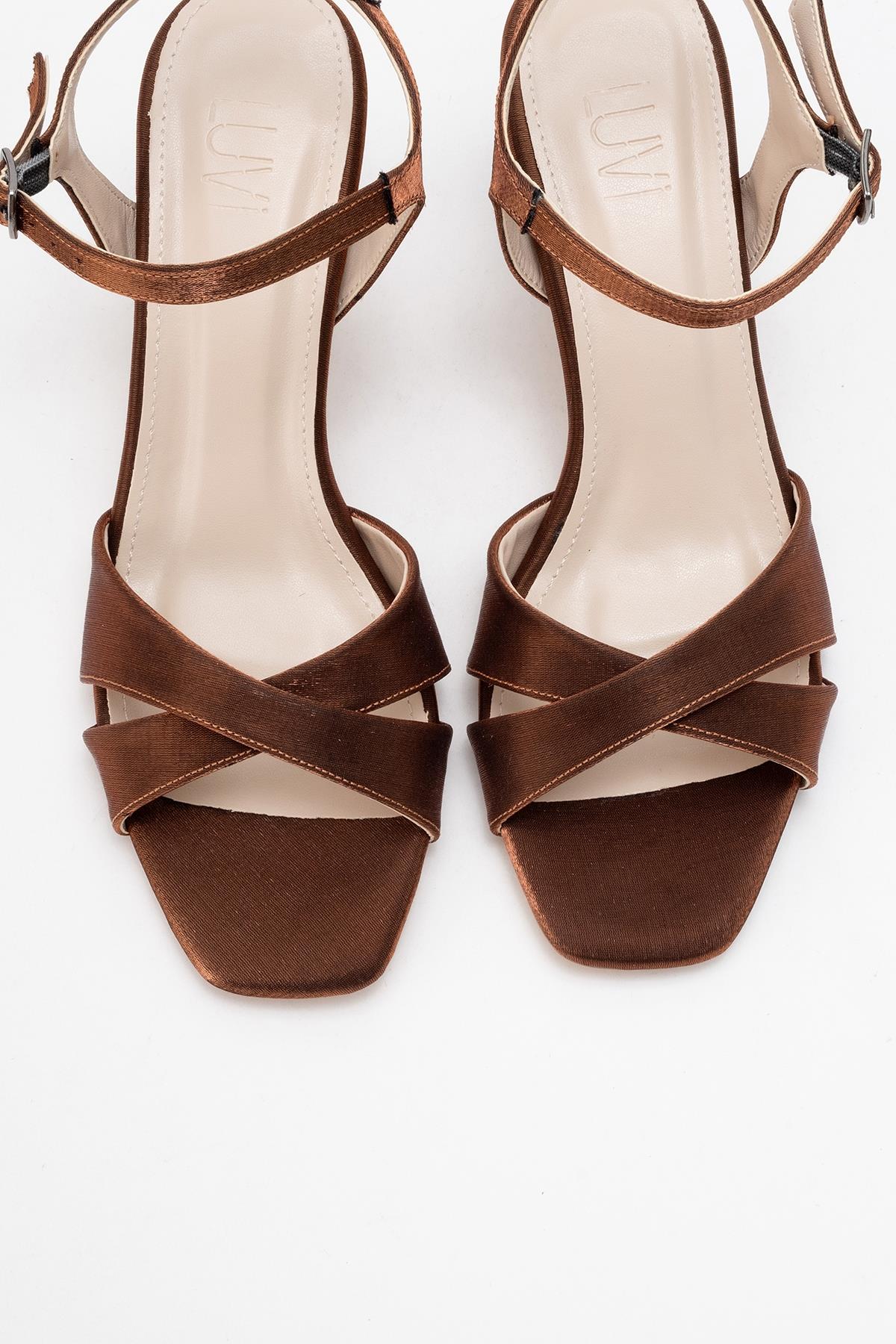 Melin - Copper Satin Cross-Strap Heeled Shoe – side view showing satin, leather, SimmiUnique