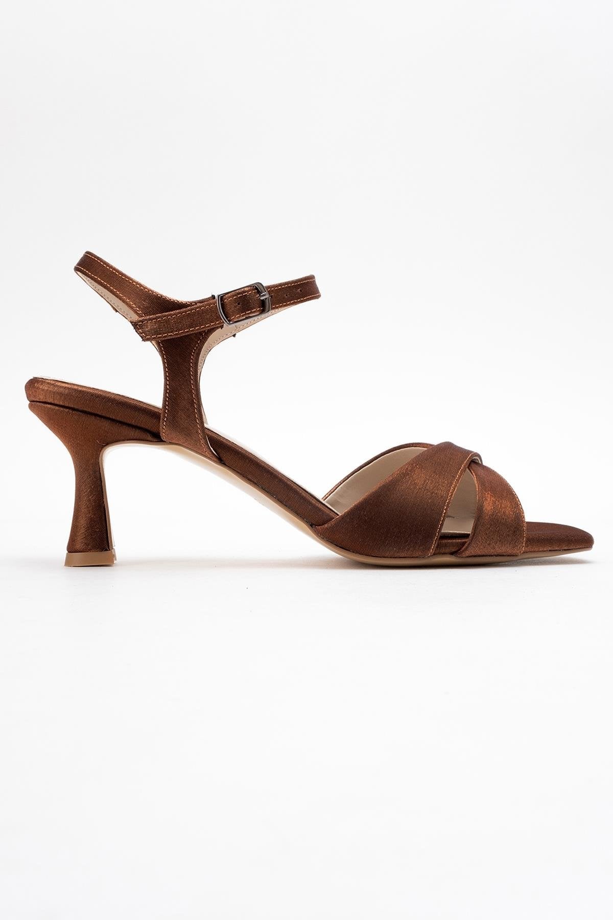 Melin - Copper Satin Cross-Strap Heeled Shoe – top view showing satin, leather, SimmiUnique