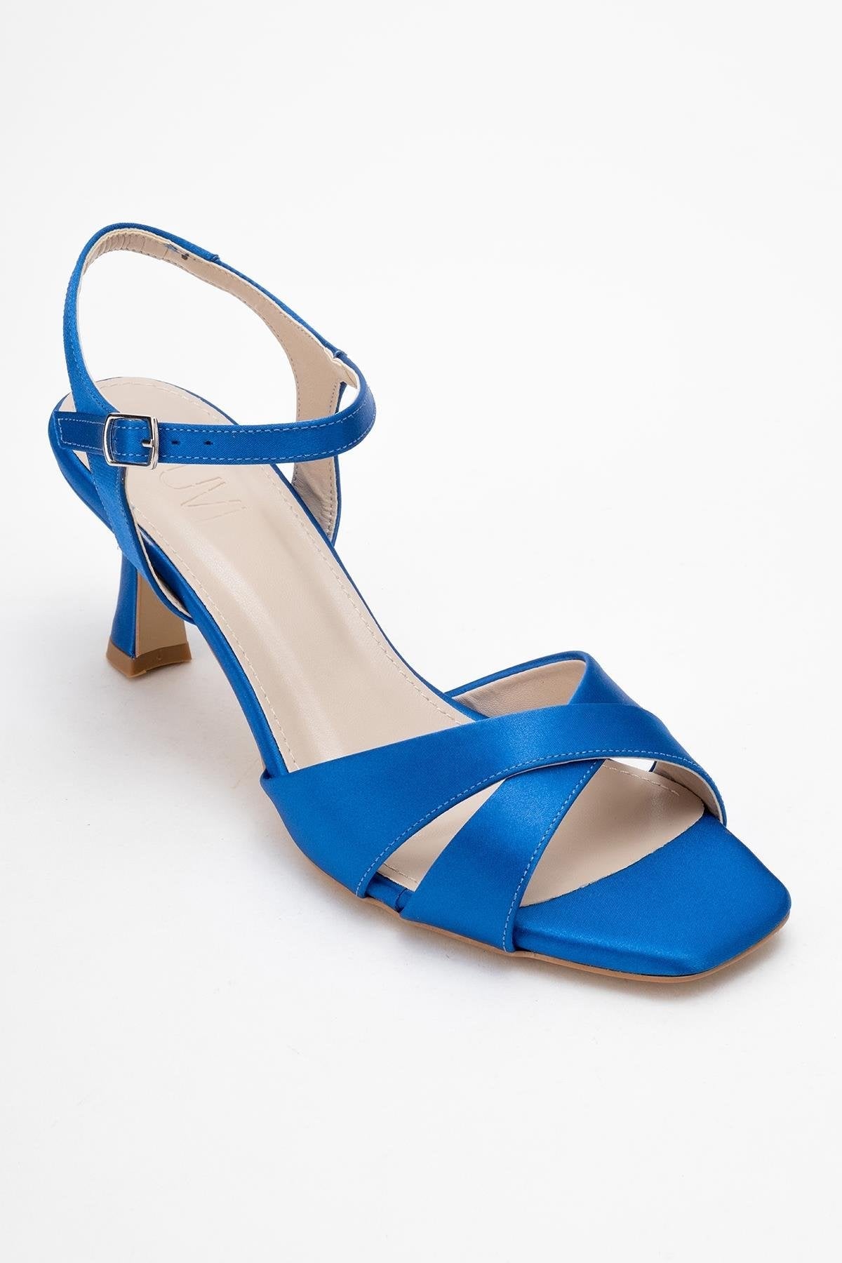 Melin - Sapphire Satin Cross-Strap Stiletto Pump – detail view showing satin, leather, SimmiUnique
