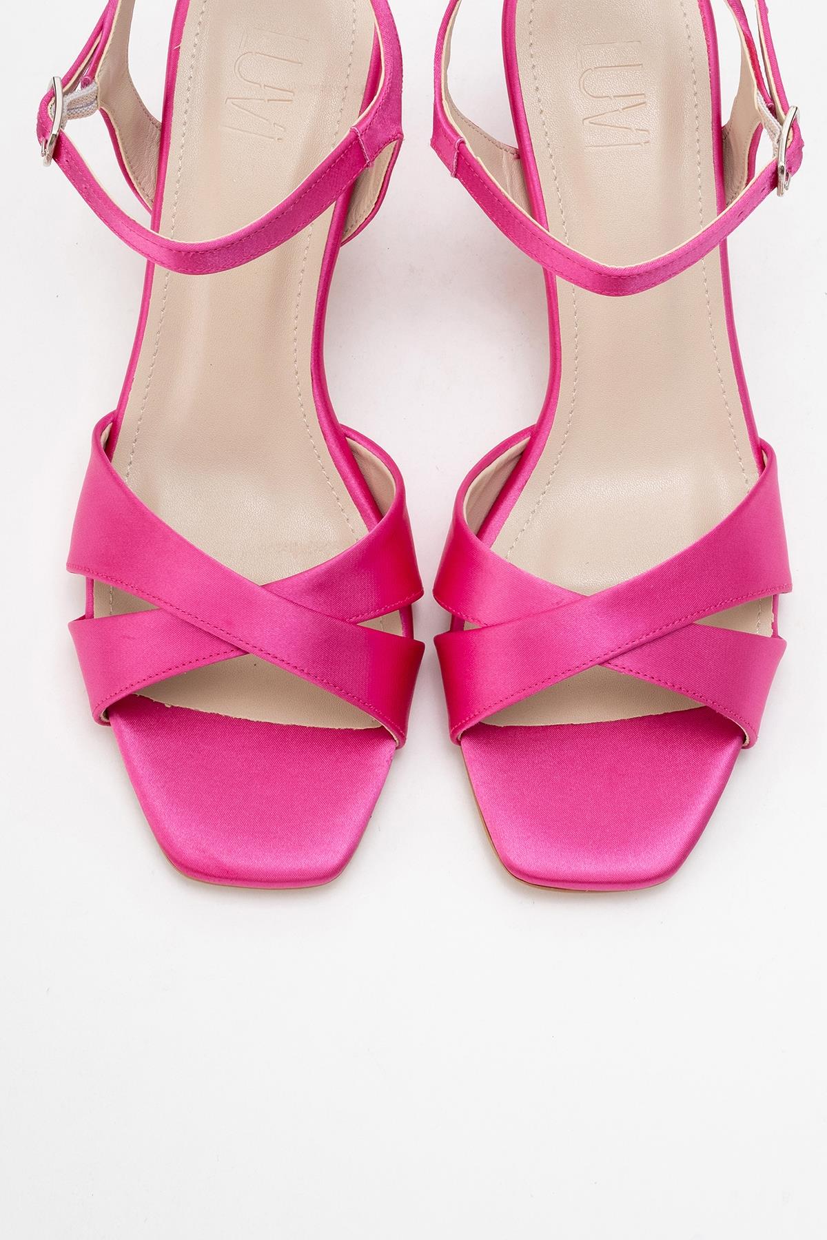 Melin - Fuchsia Satin Cross-Strap Stiletto Pump – side view showing satin, leather, SimmiUnique