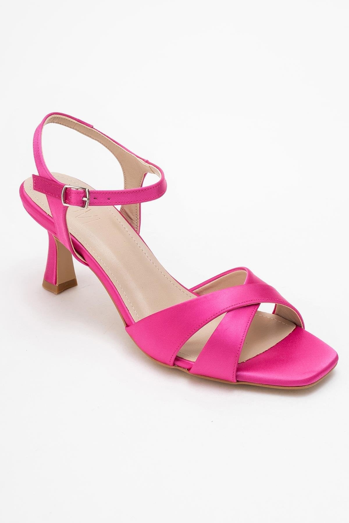 Melin - Fuchsia Satin Cross-Strap Stiletto Pump – detail view showing satin, leather, SimmiUnique