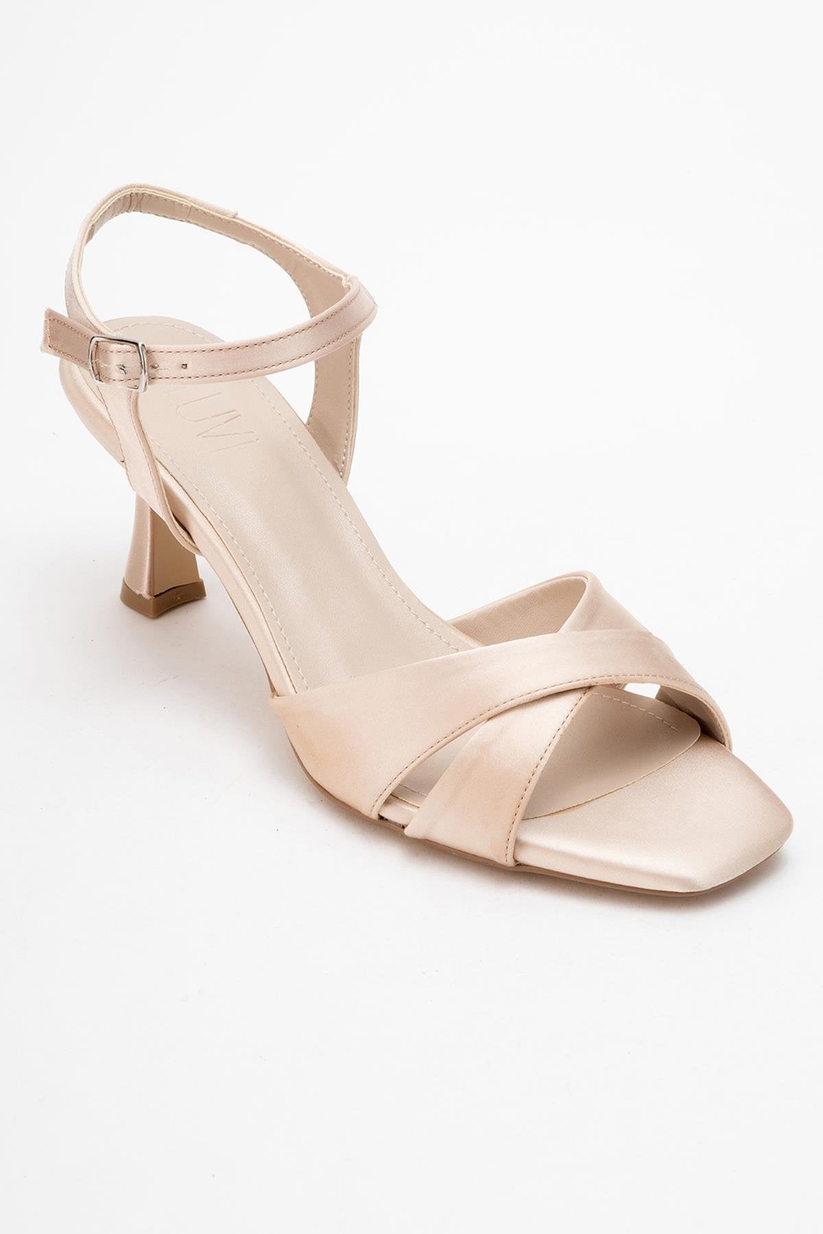 Melin - Beige Satin Cross-Strap Stiletto Pump – detail view showing satin, leather, SimmiUnique