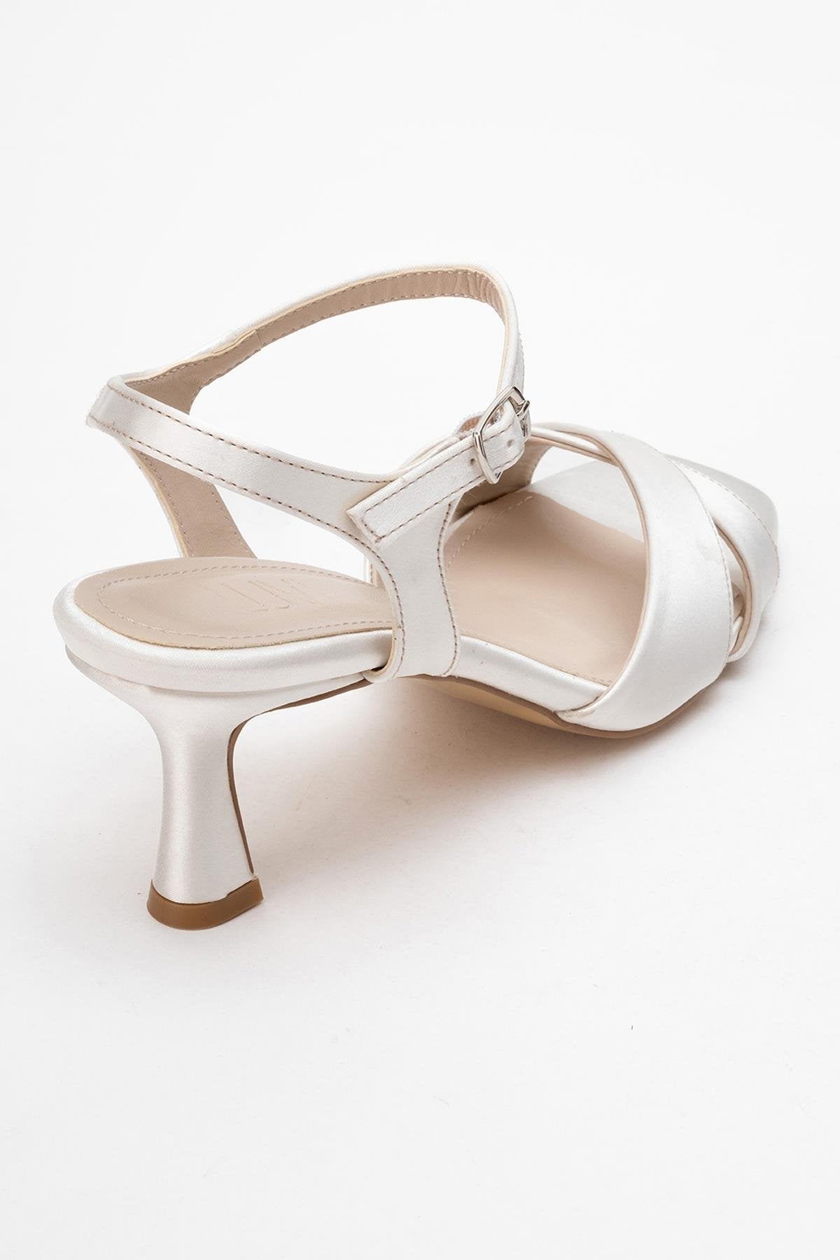 Melin - Pearl Satin Cross-Strap Stiletto Pump – back view showing pearl, satin, leather, SimmiUnique